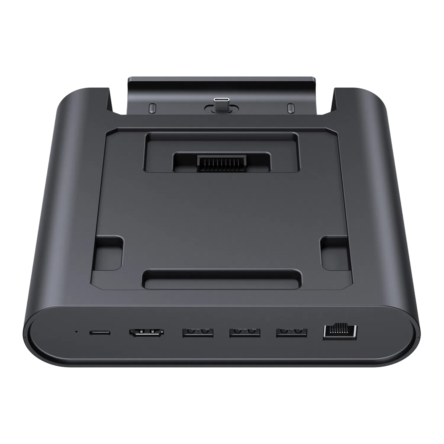 A three-quarter frontal view of a black GPD WIN 5 docking station, isolated against a black background. The dock features an array of ports on the front edge, including USB-C, USB-A, and an RJ45 Ethernet port. The recessed top area is designed to hold the GPD WIN 5 and includes a connector for charging and data.