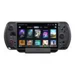 A direct frontal view of the black GPD WIN 5 handheld console resting securely in its dock. The screen displays a video game library interface (Steam OS-style) with various game covers like Destiny 2, Overwatch 2, and Apex. The dock's prominent GPD logo and LED indicators are visible beneath the console.