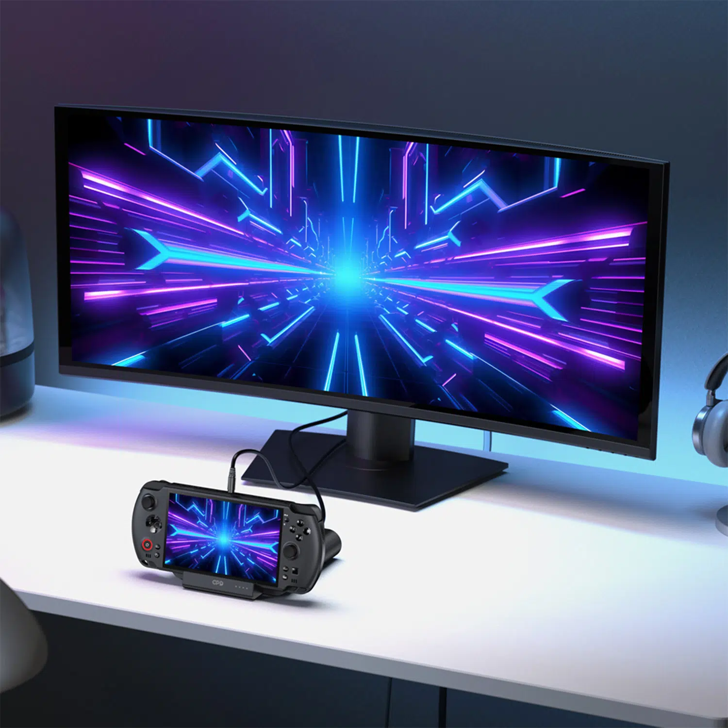 A gaming setup featuring the GPD WIN 5 docked on a white desk in front of a large, ultra-wide monitor. Both the console's screen and the external monitor display a matching, vibrant blue and purple abstract, high-speed tunnel graphic. The scene is lit with atmospheric neon lighting.