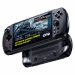 GPD-WIN-5-INFOGRAPHIC-385-32-2-01 - DROIX EU A dynamic shot of two black GPD WIN 5 handheld gaming consoles on a black background. The top device is angled to show its screen, which displays a first-person shooter game and features prominent overlays: 7" screen, AMD Ryzen AI Max, AMD Radeon 8060S graphics, 32GB RAM, and 2TB NVMe SSD. The bottom device is flipped over, showing its ergonomic grips and ventilation grilles.