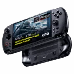 GPD-WIN-5-INFOGRAPHIC-395-128-4-01 A dynamic shot of two black GPD WIN 5 handheld gaming consoles on a black background. The top device is angled to show its screen, which displays a first-person shooter game and features prominent overlays: 7" screen, AMD Ryzen AI Max, AMD Radeon 8060S graphics, 128GB RAM, and 4TB NVMe SSD. The bottom device is flipped over, showing its ergonomic grips and ventilation grilles.