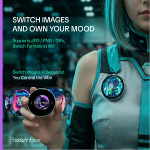 A person wearing a teal and grey futuristic outfit has a circular BeamBox eBadge pinned to their chest, displaying an anime character. In the foreground, a hand holds another badge showing the "beambox" logo, with a carousel of different anime-style portraits behind it, illustrating how users can quickly switch images and "own their mood."