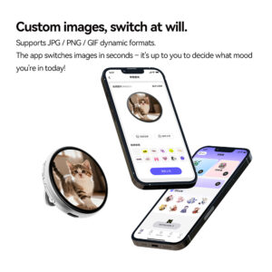 Promotional image for a smart badge showing a silver circular device displaying a kitten. Two smartphones are shown next to it, displaying an app interface used to switch images and select different themes or "skins". The text "Custom images, switch at will" is at the top.