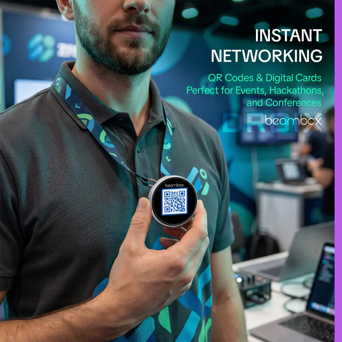 Close-up of a man at a professional event wearing a circular BeamBox eBadge on a patterned lanyard. He is holding the badge, which displays a large QR code on its screen. Text to the right says "Instant Networking: QR Codes & Digital Cards," highlighting its use for conferences and hackathons.