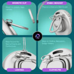 An instructional graphic showing four ways to use the BeamBox eBadge: a magnetic clip for jackets and bags, a built-in stand to use it as a mini desk screen, a lanyard for neck wear, and a traditional clothes pin. The center shows the device with a glowing purple logo.