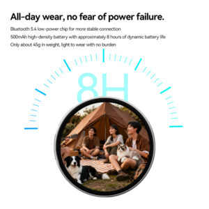 Promotional image emphasizing battery life, featuring a circular badge displaying people and a cat sitting outside a tent at sunset. A large "8H" graphic sits behind the badge to indicate 8 hours of dynamic battery life. Text mentions a Bluetooth 5.4 chip and a 45g weight.