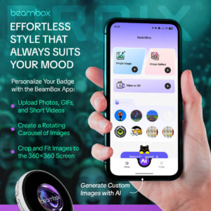 A hand holds a smartphone displaying the BeamBox app interface, which features options to upload single images, galleries, or GIFs. Below the menu is a history of uploaded icons including pixel art and cats. Text highlights the ability to "Generate Custom Images with AI" and fit them to the 360x360 screen.