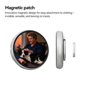 Diagram showing the "Magnetic patch" attachment system. On the left, the badge displays a man sitting on a leather couch with a dog. To the right, a side view of the badge is shown next to a separate small circular magnetic disc, illustrating how it attaches to clothing without leaving traces.