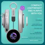 A technical infographic of the BeamBox eBadge showing side and front views. Specifications listed include a weight of 0.11 lbs (52g), a 1.8-inch screen, durable ABS and Zinc Alloy construction, and a 500 mAh battery providing up to 16 hours of life.