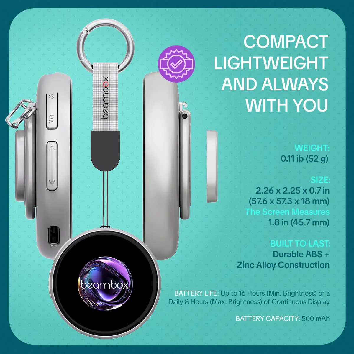 A technical infographic of the BeamBox eBadge showing side and front views. Specifications listed include a weight of 0.11 lbs (52g), a 1.8-inch screen, durable ABS and Zinc Alloy construction, and a 500 mAh battery providing up to 16 hours of life.