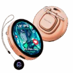 NIKKO-BADGE-TS-ORANGE-IMAGE-1-NEW A orange electronic badge with a round screen showing a blue, green, and red anime-style girl is shown. The screen displays text that reads "1.8” IPS TOUCHSCREEN" and "JPG / PNG / GIFS 3S videos" with small red heart icons to its side. A metal clip is attached to the back of the device. The device is hanging on a gray string attached to another smaller round device that is black with a glowing blue, purple, and green pattern in the center. The overall shape and color of the devices are reminiscent of round watches.