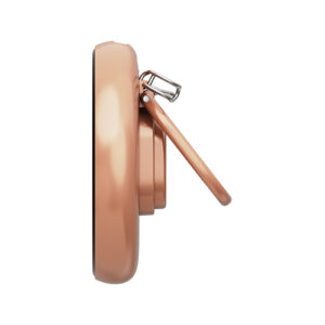 A side view of the rose gold/copper-colored NIKKO Badge TS device, isolated against a white background. The side panel shows control buttons, including an up/down slider, an OK button, and a USB-C port at the bottom. The top features a lanyard loop attached to the device's rotating camera/badge module.