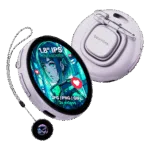 NIKKO-BADGE-TS-PURPLE-IMAGE-1-NEW - DROIX EU A purple electronic badge with a round screen showing a blue, green, and red anime-style girl is shown. The screen displays text that reads "1.8” IPS TOUCHSCREEN" and "JPG / PNG / GIFS 3S videos" with small red heart icons to its side. A metal clip is attached to the back of the device. The device is hanging on a gray string attached to another smaller round device that is black with a glowing blue, purple, and green pattern in the center. The overall shape and color of the devices are reminiscent of round watches.