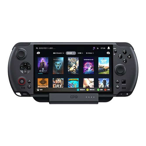 A front-on view of a black handheld gaming console (likely a GPD WIN model) with an attached magnetic/pogo pin dock at the bottom. The screen displays a game library interface featuring titles like Destiny 2, Overwatch 2, and Brawlhalla. The console has an analog stick, D-pad, and power button on the left, and face buttons and an analog stick on the right.
