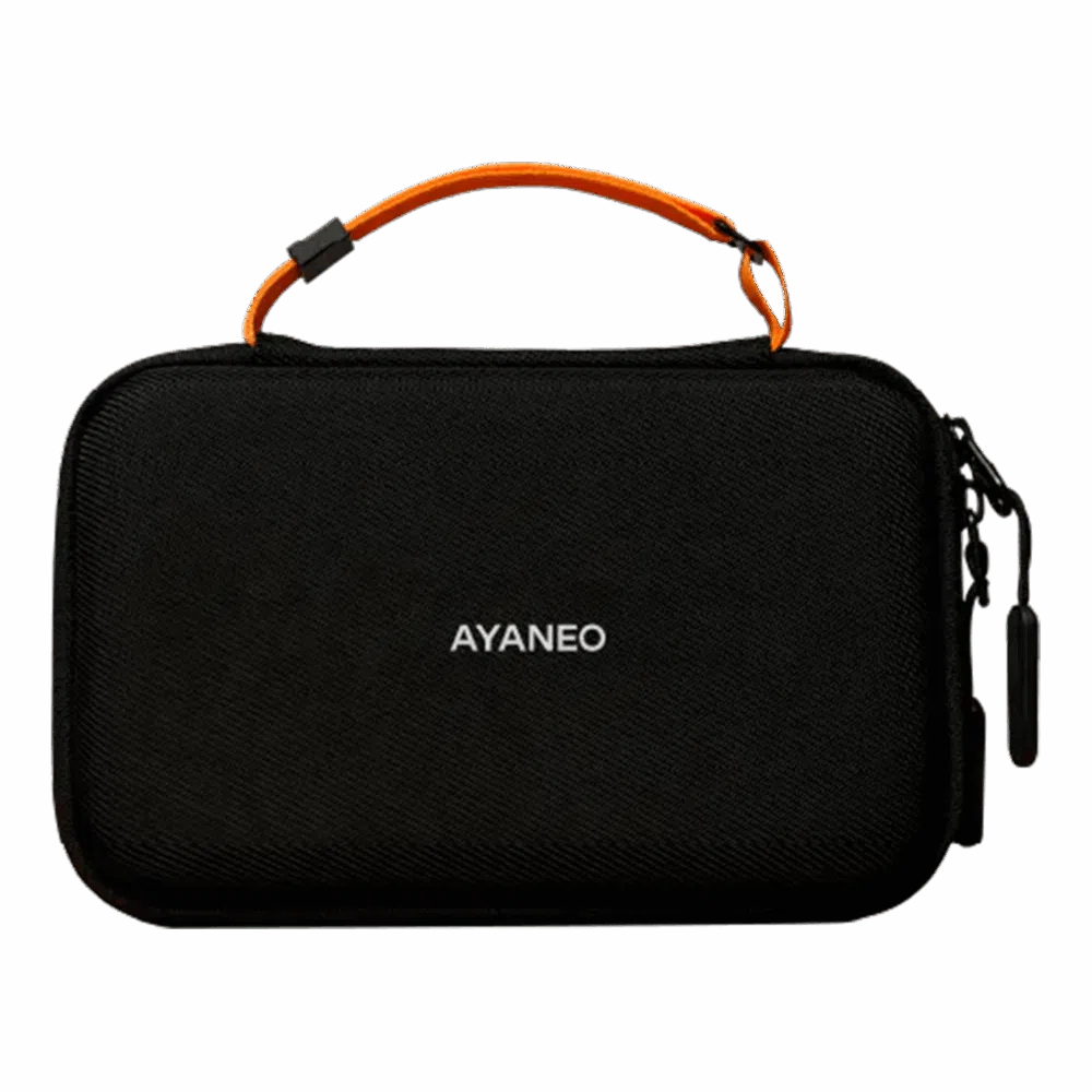A compact, black hardshell carrying case for the AYANEO Pocket DS. The bag features a textured fabric exterior with the "AYANEO" logo centered in white text, a bright orange top handle, and a black zipper pull.