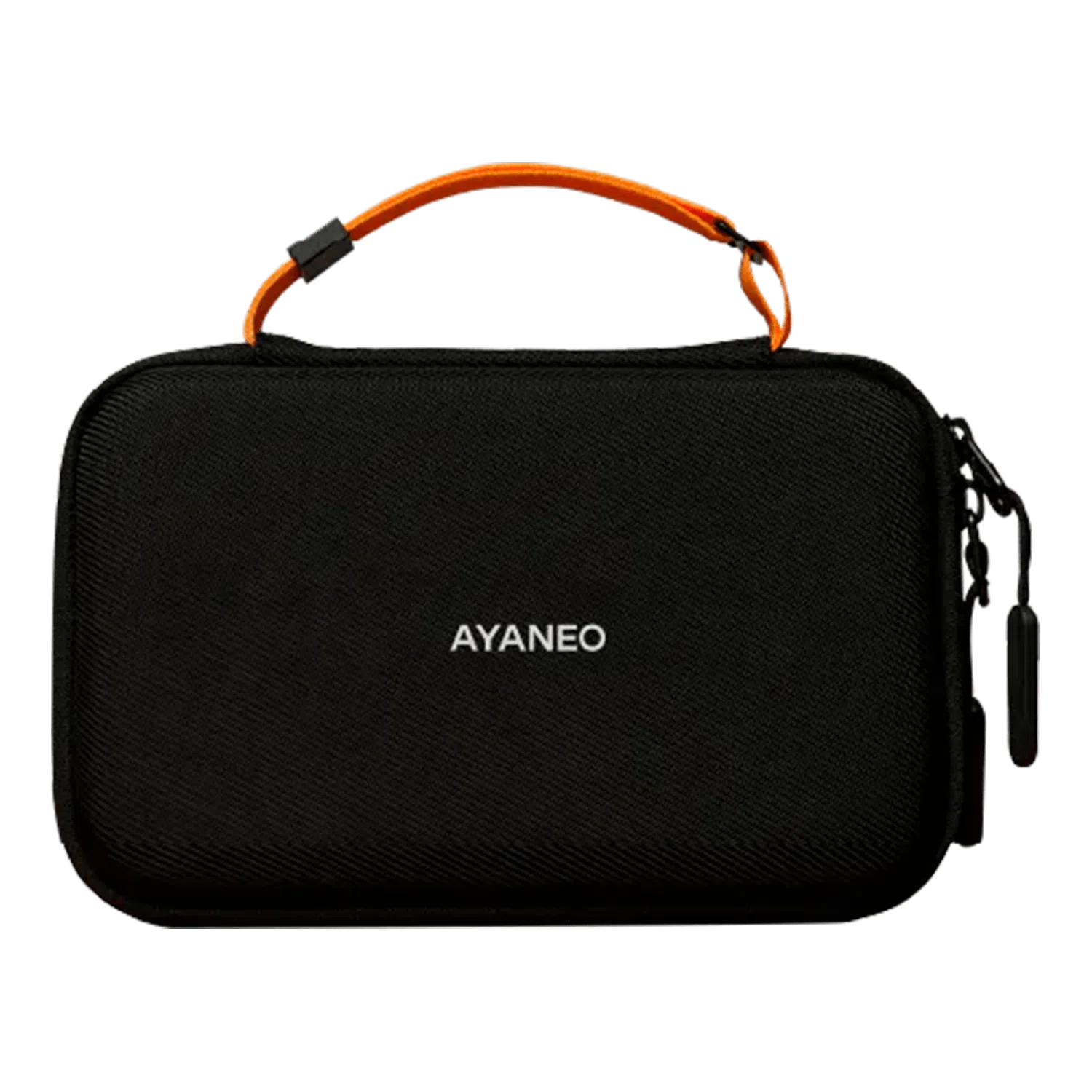 A compact, black hardshell carrying case for the AYANEO Pocket DS. The bag features a textured fabric exterior with the "AYANEO" logo centered in white text, a bright orange top handle, and a black zipper pull.
