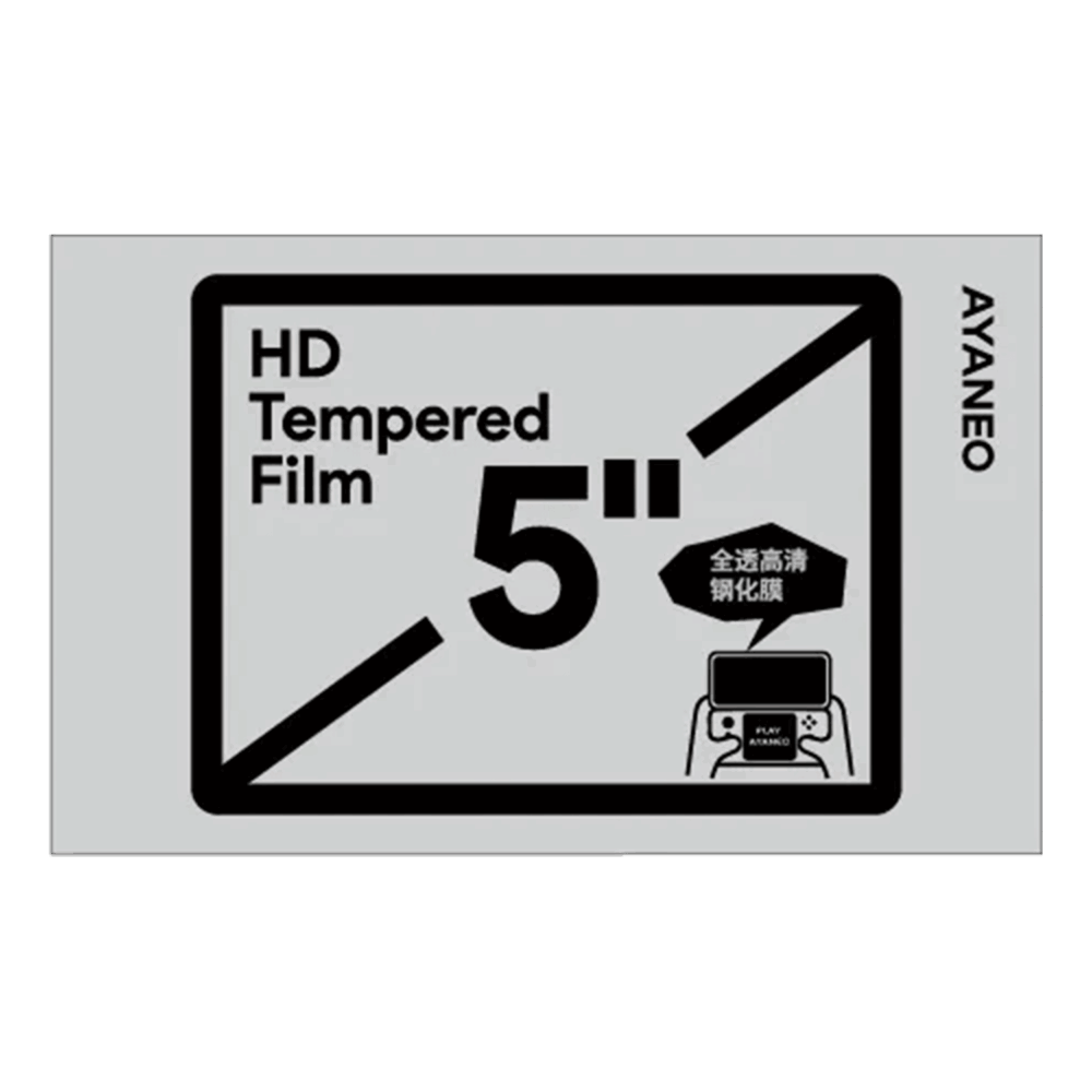 A product graphic for an AYANEO Pocket DS screen protector featuring "HD Tempered Film" in bold text. The image shows a "5-inch" label, indicating it is designed for the device's secondary display. A small line drawing illustrates a user holding the dual-screen handheld with the protector applied to the bottom screen.