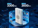 Turundusgraafika, mis näitab Biwin Mini SSD Reader'i lugemiskiirusega "3300 MB/s" ja kirjutamiskiirusega "3000 MB/s", mida illustreerivad seadet ümbritsevad holograafilised meediaaknad.