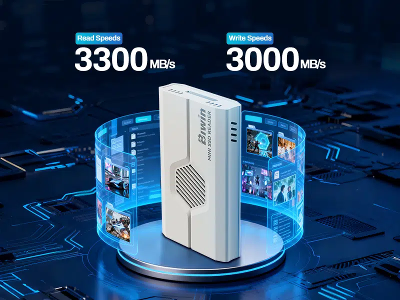 Marketing graphic displaying the Biwin Mini SSD Reader with "3300 MB/s" read and "3000 MB/s" write speeds, illustrated with holographic media windows surrounding the device.