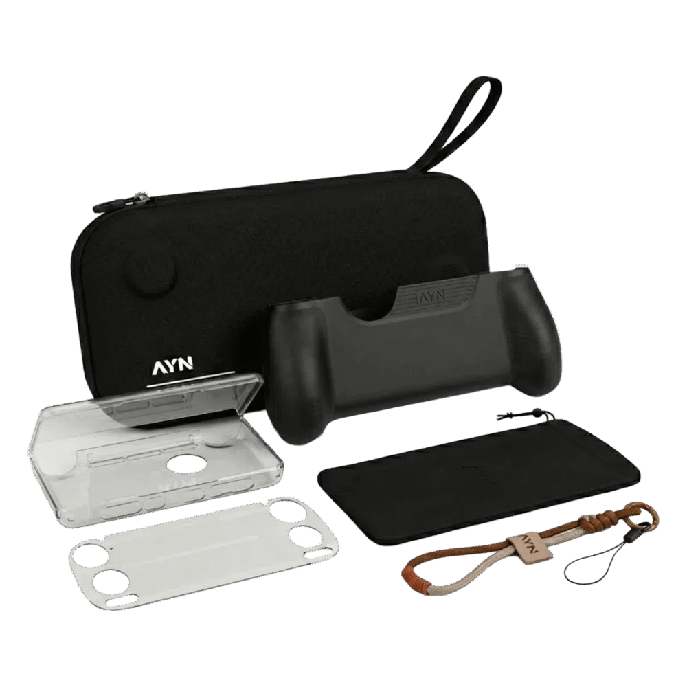 An accessory bundle for the AYN Thor handheld gaming console, displayed on a plain white background. The collection includes: A black hardshell carrying case with a wrist strap and the white "AYN" logo in the bottom left corner. An ergonomic black grip designed to be attached to the console for better handling. A transparent protective shell (TPU or plastic) for the device's exterior. A screen protector with precision cutouts for buttons and joysticks. A black microfiber cleaning cloth or soft pouch. A braided wrist lanyard in shades of brown and tan, featuring an "AYN" branded leather-like accent.