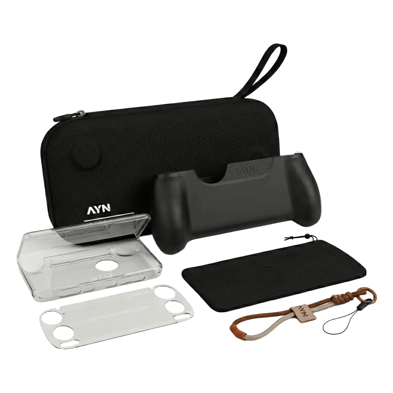 An accessory bundle for the AYN Thor handheld gaming console, displayed on a plain white background. The collection includes: A black hardshell carrying case with a wrist strap and the white "AYN" logo in the bottom left corner. An ergonomic black grip designed to be attached to the console for better handling. A transparent protective shell (TPU or plastic) for the device's exterior. A screen protector with precision cutouts for buttons and joysticks. A black microfiber cleaning cloth or soft pouch. A braided wrist lanyard in shades of brown and tan, featuring an "AYN" branded leather-like accent.