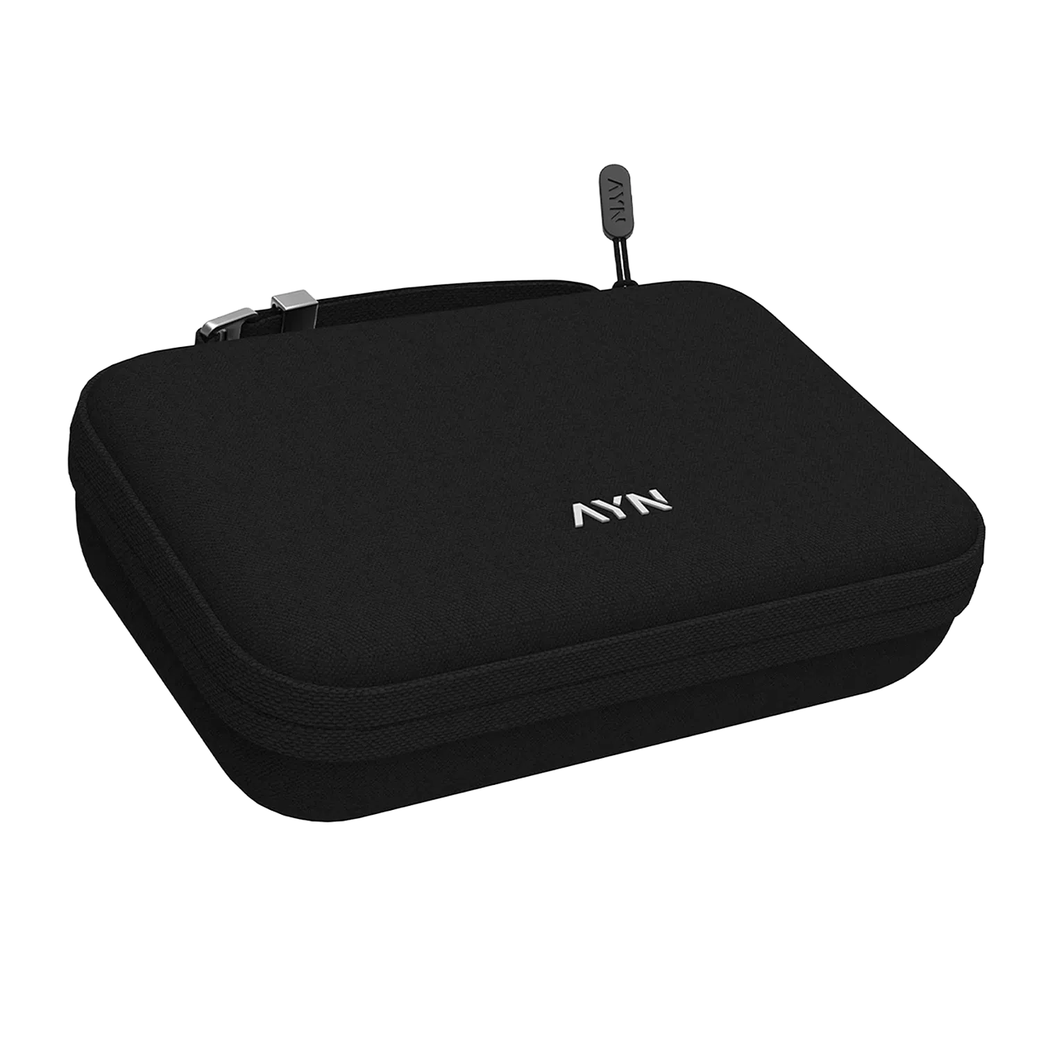 A black, contoured protective carrying case for an AYN handheld console. The top features the "AYN" logo in white above a horizontal line. The case includes a wraparound zipper with a branded pull tab and a small integrated wrist loop, set against a plain white background.