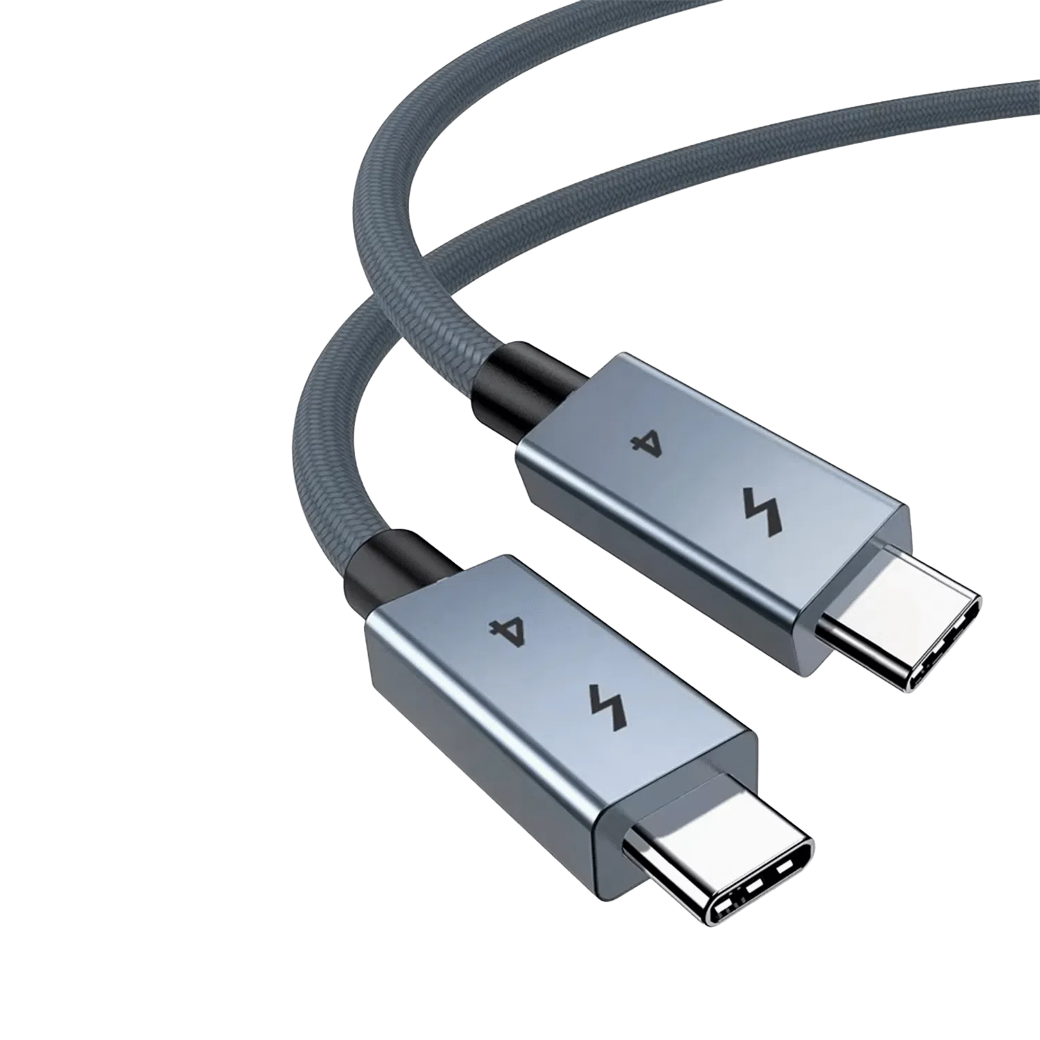 A close-up of a high-quality USB-4 cable featuring two USB-C connectors with space-grey metallic housings. The connectors are engraved with a lightning bolt icon and the number "4." The cable itself has a durable, grey braided nylon jacket, shown curved against a plain white background.