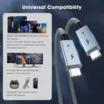 Un'infografica intitolata "Compatibilità universale". Sul lato sinistro sono elencati i dispositivi compatibili, tra cui MacBook, iPad, telefoni Galaxy, telefoni Pixel e monitor Pro Display XDR. Il lato destro presenta un grande rendering in 3D delle due estremità del cavo USB-C.  