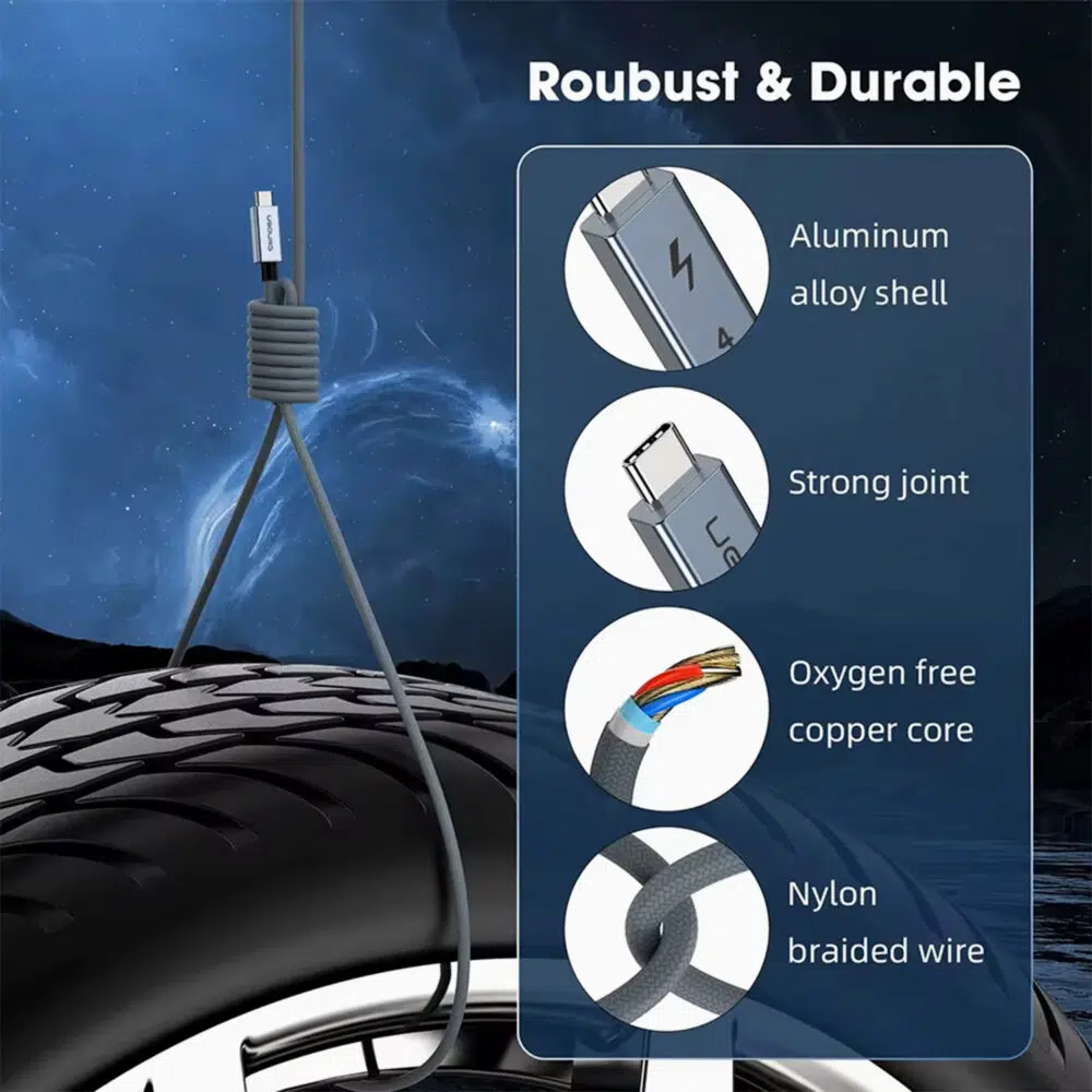 An image titled "Robust & Durable" showcasing the cable's construction. It depicts the cable supporting a heavy car tire to demonstrate strength. Four circular inset images highlight the aluminum alloy shell, reinforced joint, oxygen-free copper core, and nylon braided wire.