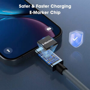 A close-up conceptual image titled "Safer & Faster Charging E-Marker Chip". It shows a transparent view of the USB-C connector plugged into a smartphone, revealing an internal "E-Marker" circuit board and chip that regulates power safely.