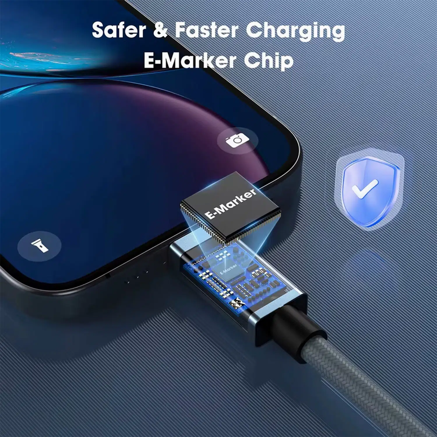 A close-up conceptual image titled "Safer & Faster Charging E-Marker Chip". It shows a transparent view of the USB-C connector plugged into a smartphone, revealing an internal "E-Marker" circuit board and chip that regulates power safely.