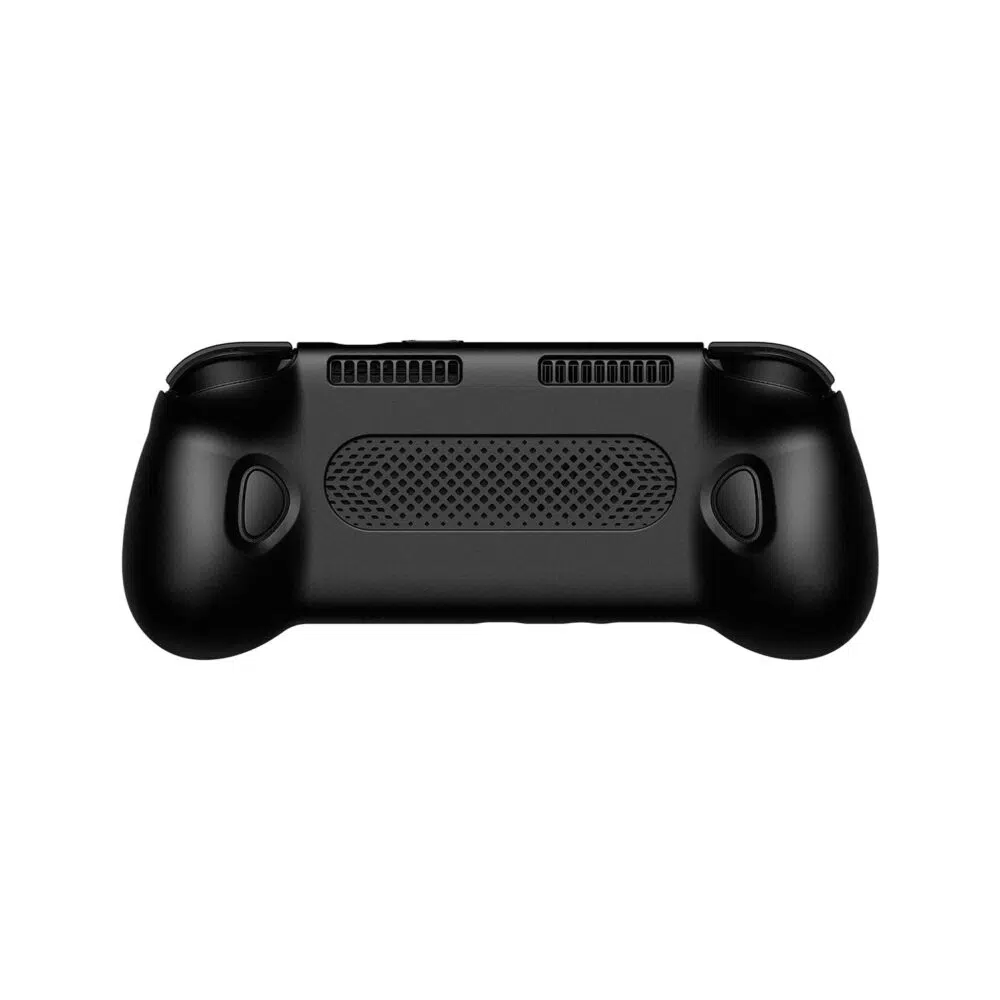 The back view of a black, form-fitting ergonomic grip for a handheld device. The design includes large textured handles for better grip, two sets of top cooling vents, a central mesh-patterned ventilation area, and precise cutouts for back buttons and triggers.