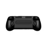 Pohľad na zadnú stranu čiernej ergonomickej rukoväte pre ručné zariadenie. Dizajn zahŕňa veľké textúrované rukoväte pre lepšie uchopenie, dve sady horných chladiacich otvorov, centrálnu vetraciu oblasť so sieťovinovým vzorom a presné výrezy pre zadné tlačidlá a spúšťače. 