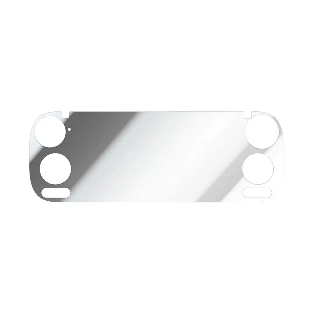 A standalone view of a transparent tempered glass screen protector featuring precise circular cutouts on both sides for joysticks and buttons, along with a small sensor cutout on the top left.