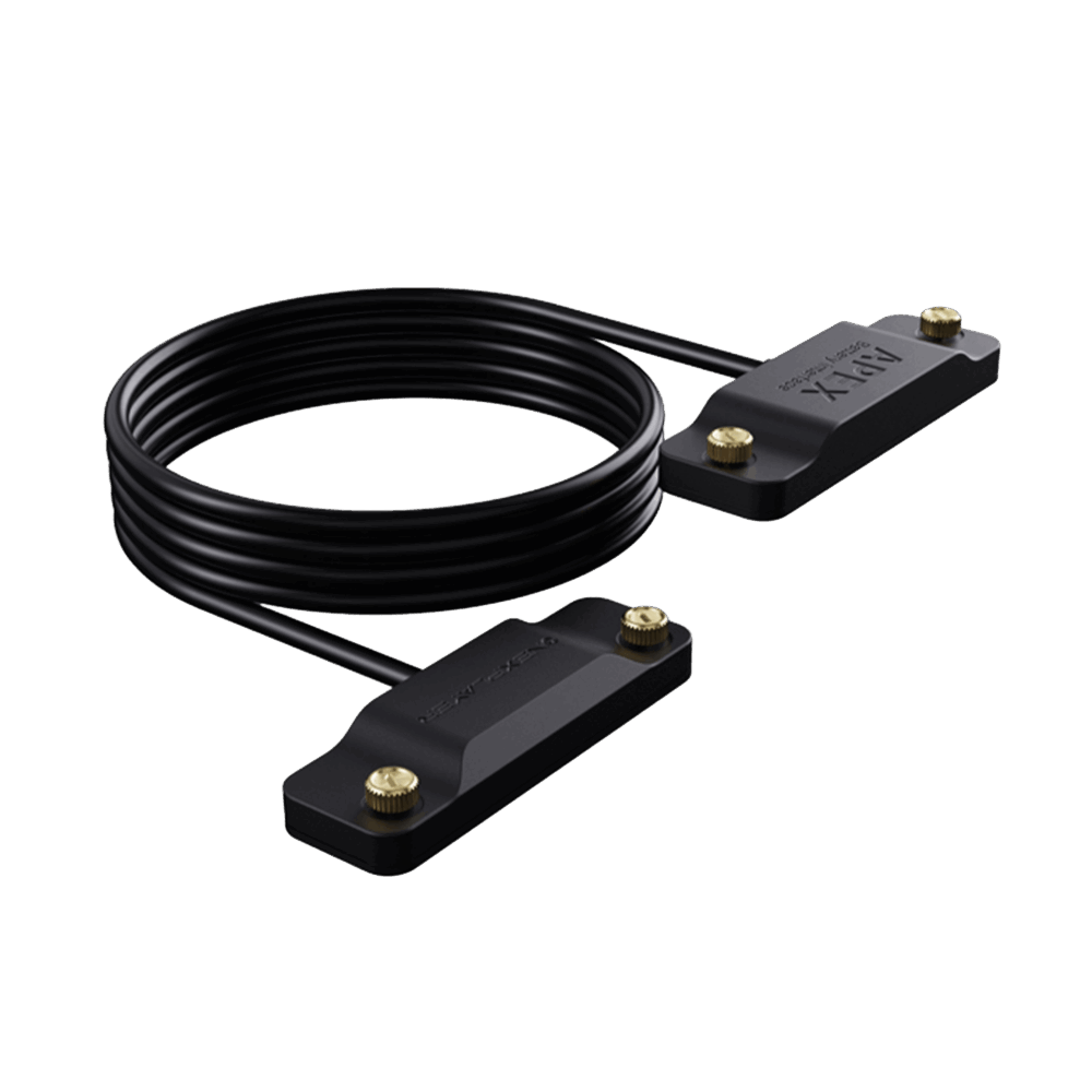 An image of the ONEXPLAYER APEX Battery Interface cable. The product consists of a long, coiled black cable connecting two identical, rectangular black plastic blocks. Each block features the "APEX battery interface" logo embossed on the top surface and is equipped with two small, gold-colored knurled thumbscrews at the ends for secure attachment. The entire assembly is displayed against a solid black background.