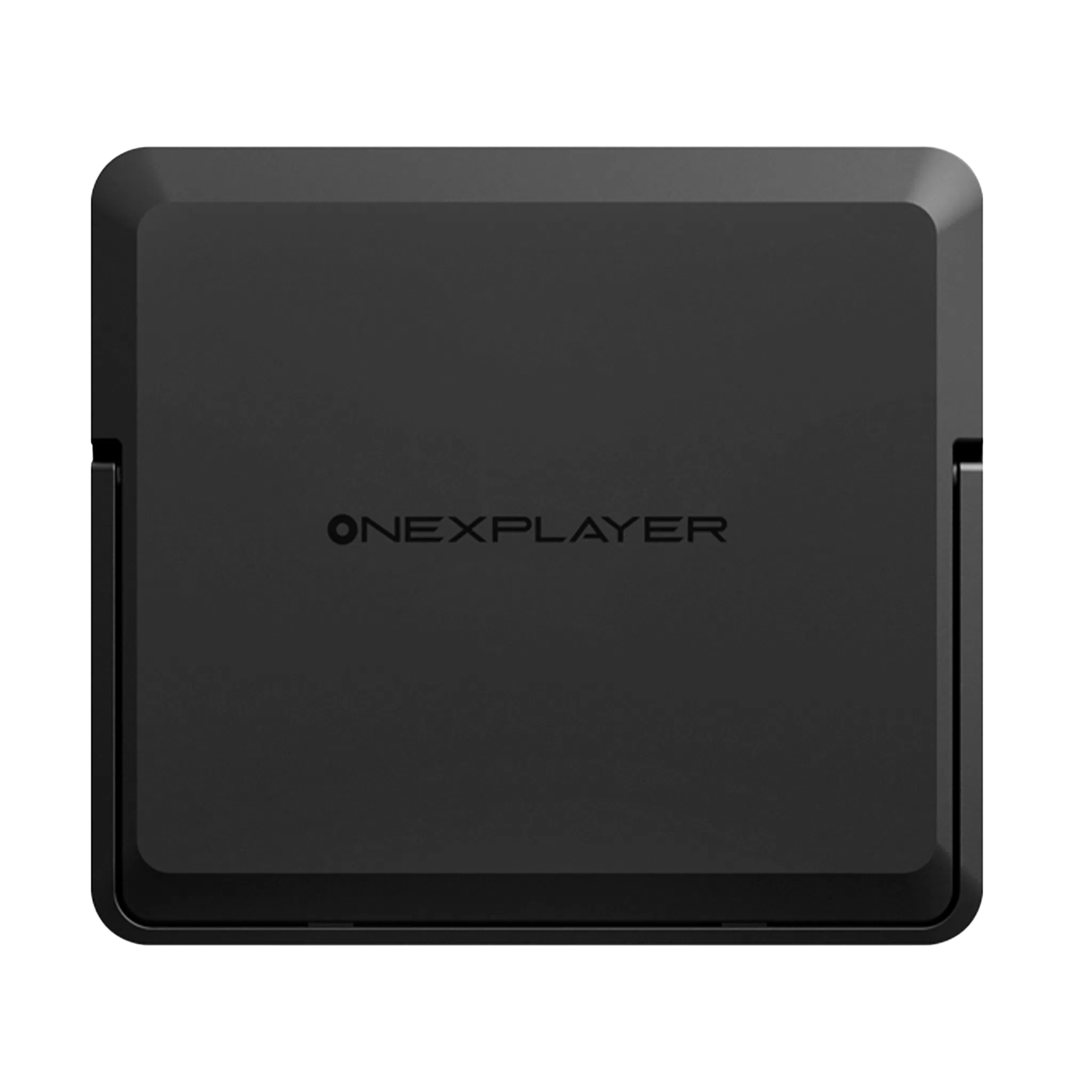 A top-down view of a matte black, square electronic device featuring the "ONEXPLAYER" logo centered on the lid. The device has rounded corners, beveled edges, and a visible hinge mechanism on the left and right sides, suggesting it is a foldable or clamshell-style handheld gaming console or laptop accessory. The entire object is set against a solid black background.