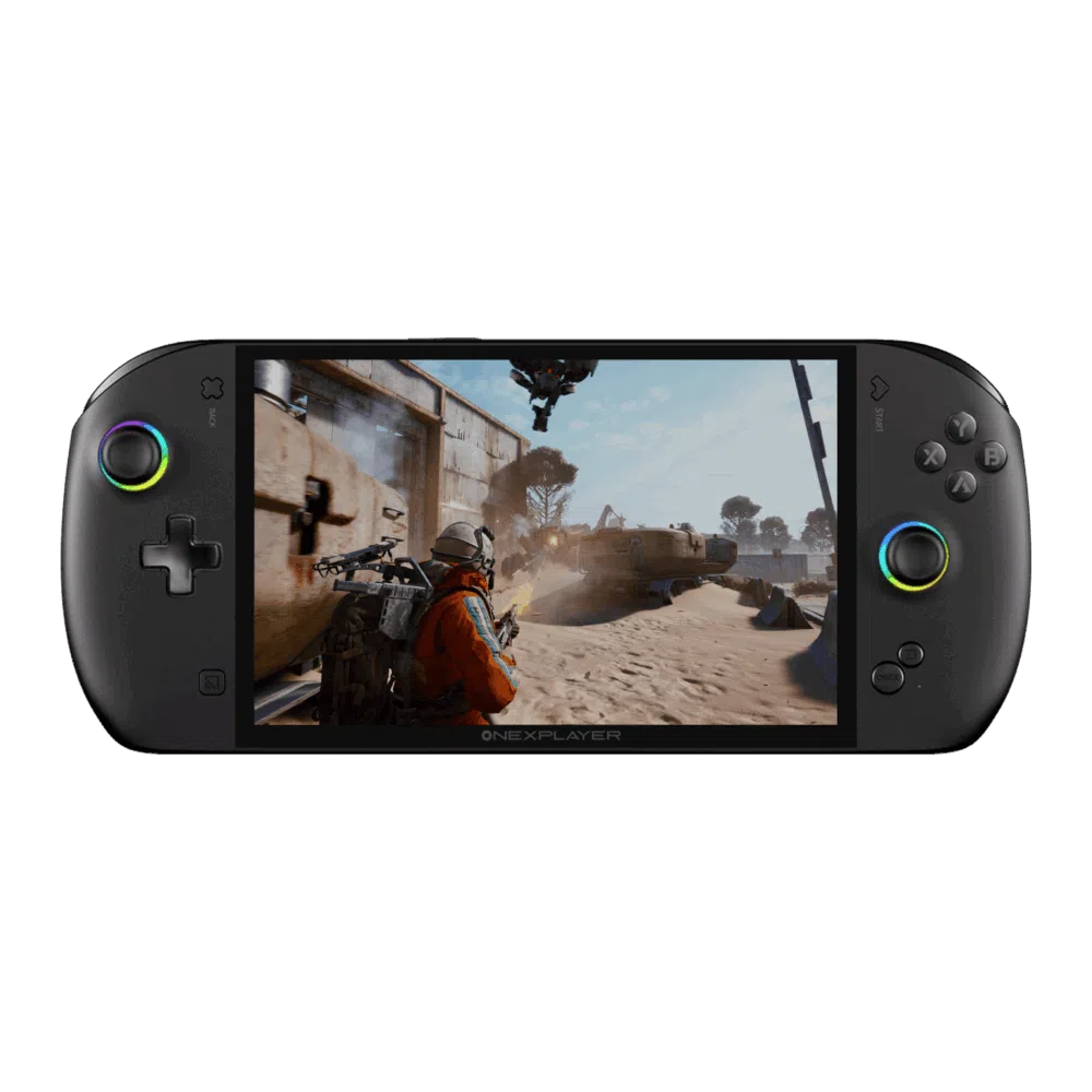 A sleek, black handheld gaming console, the ONEXPLAYER, is shown from a direct front-facing view against a solid white background. Key Visual Details: Screen: A large, vibrant display fills the center, showing a third-person shooter video game set in a dusty, industrial desert environment. A character in an orange suit is visible in the foreground. Controls: * Left Side: Features a circular joystick with a multi-colored RGB LED ring and a classic cross-shaped D-pad. Right Side: Features four action buttons (labeled X, Y, A, B), a second joystick with a matching RGB ring, and a dedicated "ONEX" button near the bottom. Design: The device has a rounded, ergonomic "pill" shape with a matte black finish. The "ONEXPLAYER" branding is subtly printed centered just below the screen.