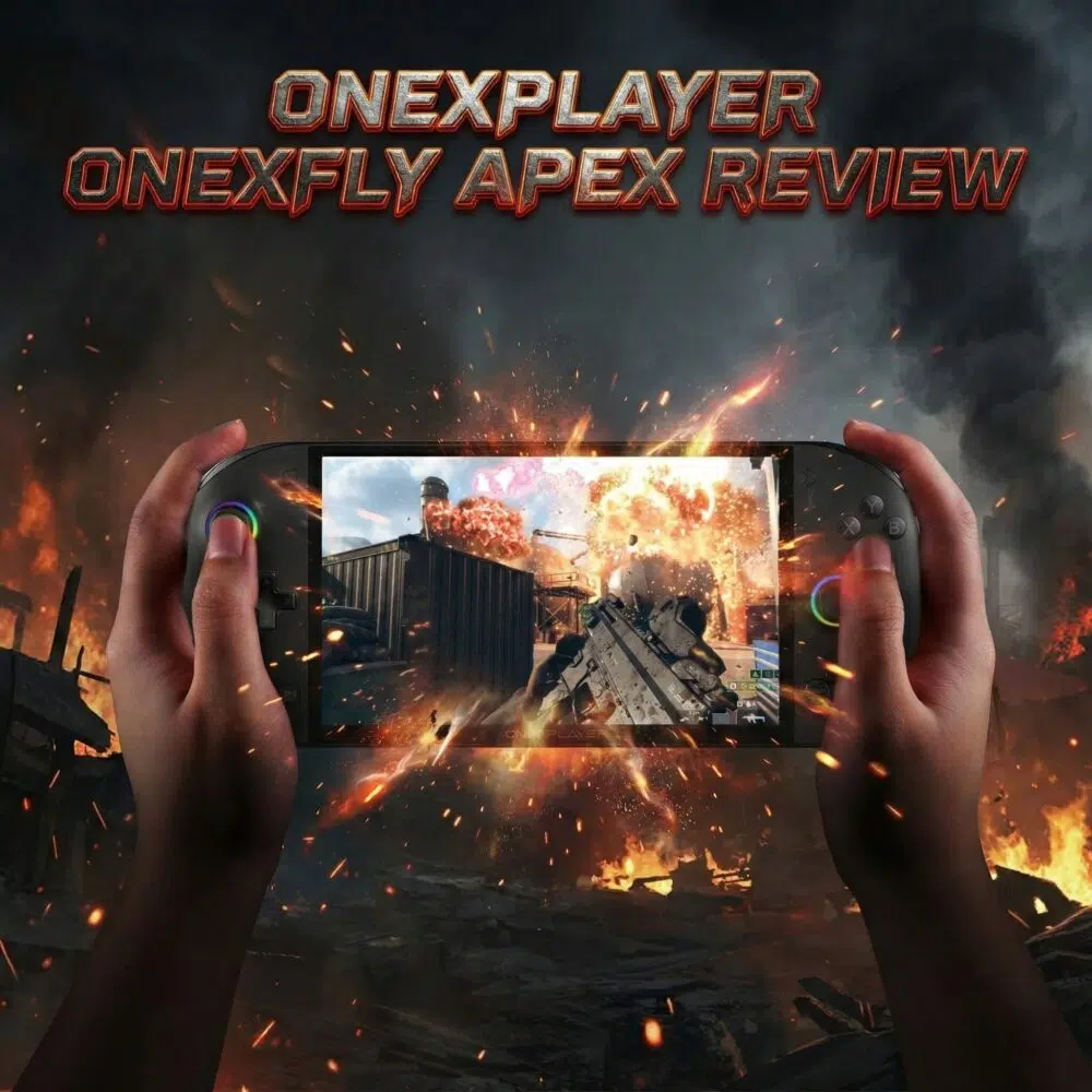 A hand holding a ONEXFLY APEX gaming handheld with explosions on the screen.
