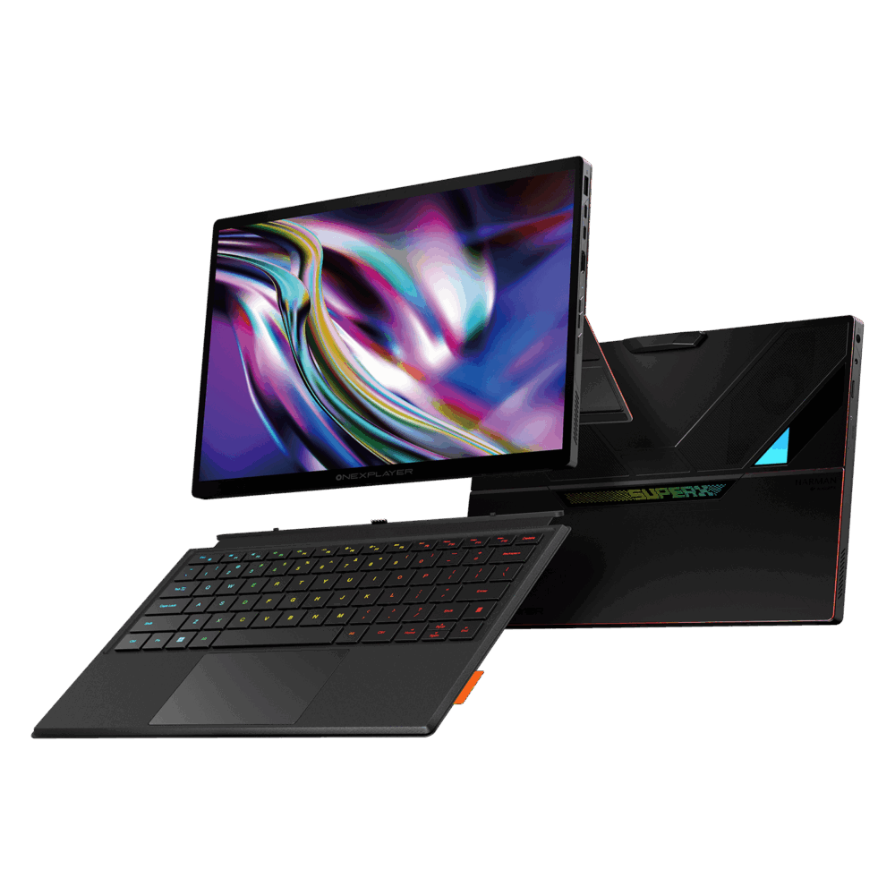 An image featuring the OneXPlayer SuperX, a 2-in-1 gaming tablet and laptop. The device is shown from three angles: Center: The tablet stands upright, displaying a vibrant, fluid abstract wallpaper in shades of purple, gold, and blue. Foreground: A slim, detachable black keyboard with RGB-backlit keys and a trackpad is angled toward the viewer. Background: The rear of the device is visible, showcasing a sleek black matte finish with geometric accents, a triangular light-up element, and the "SUPERX" logo in a rainbow gradient. The overall design is modern and industrial, featuring a high-resolution display and Harman AudioEFX branding on the back.