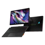 En elegant svart bärbar hybrid av bärbar dator och surfplatta för spel med ett avtagbart RGB-bakgrundsbelyst tangentbord och en stor skärm som visar en färgglad abstrakt virvel. Enheten är placerad på ett stativ med synliga sidoportar och en modern, kantig design.