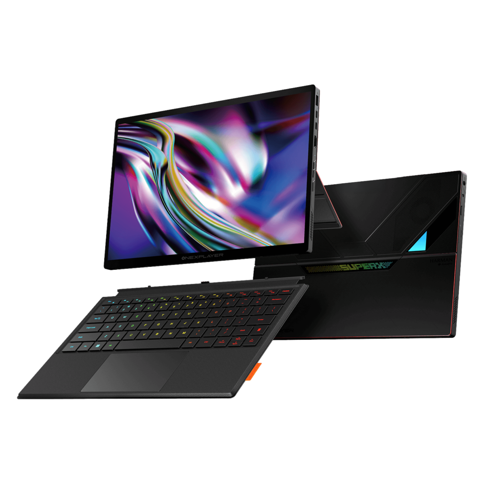 A sleek black portable gaming laptop/tablet hybrid with a detachable RGB-backlit keyboard and a large vibrant display showing a colorful abstract swirl. The device is propped up on a stand, with visible side ports and a modern angular design.