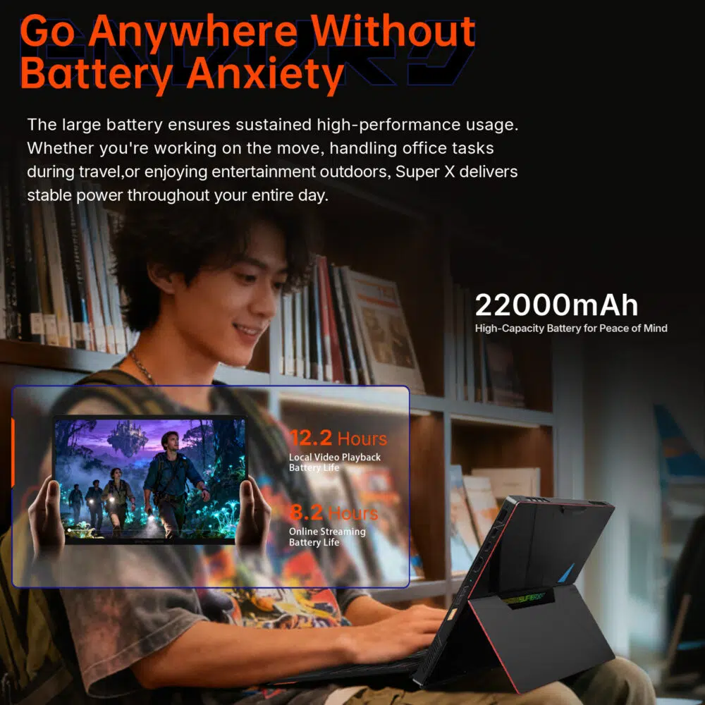 An image highlighting the 22,000mAh battery, claiming up to 12.2 hours of video playback and 8.2 hours of online streaming.
