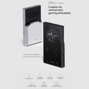 AYANEO Pocket VERT vertical handheld gaming console overview showing front and back views with key features including a 3.5-inch high-resolution display, full metal CNC body, and 6000mAh battery.