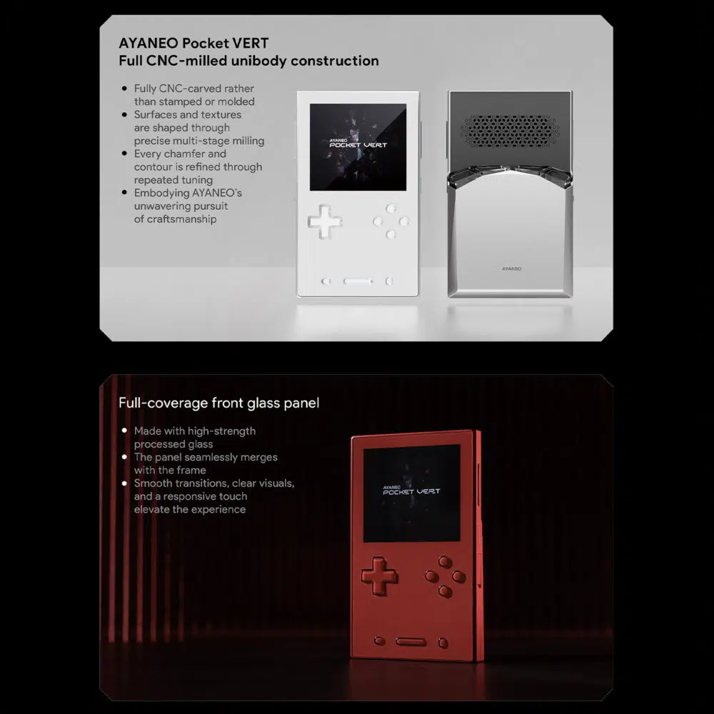 Product diagrams explaining the AYANEO Pocket VERT build quality, featuring the full CNC-milled unibody construction and the seamless, high-strength front glass panel that merges with the frame.