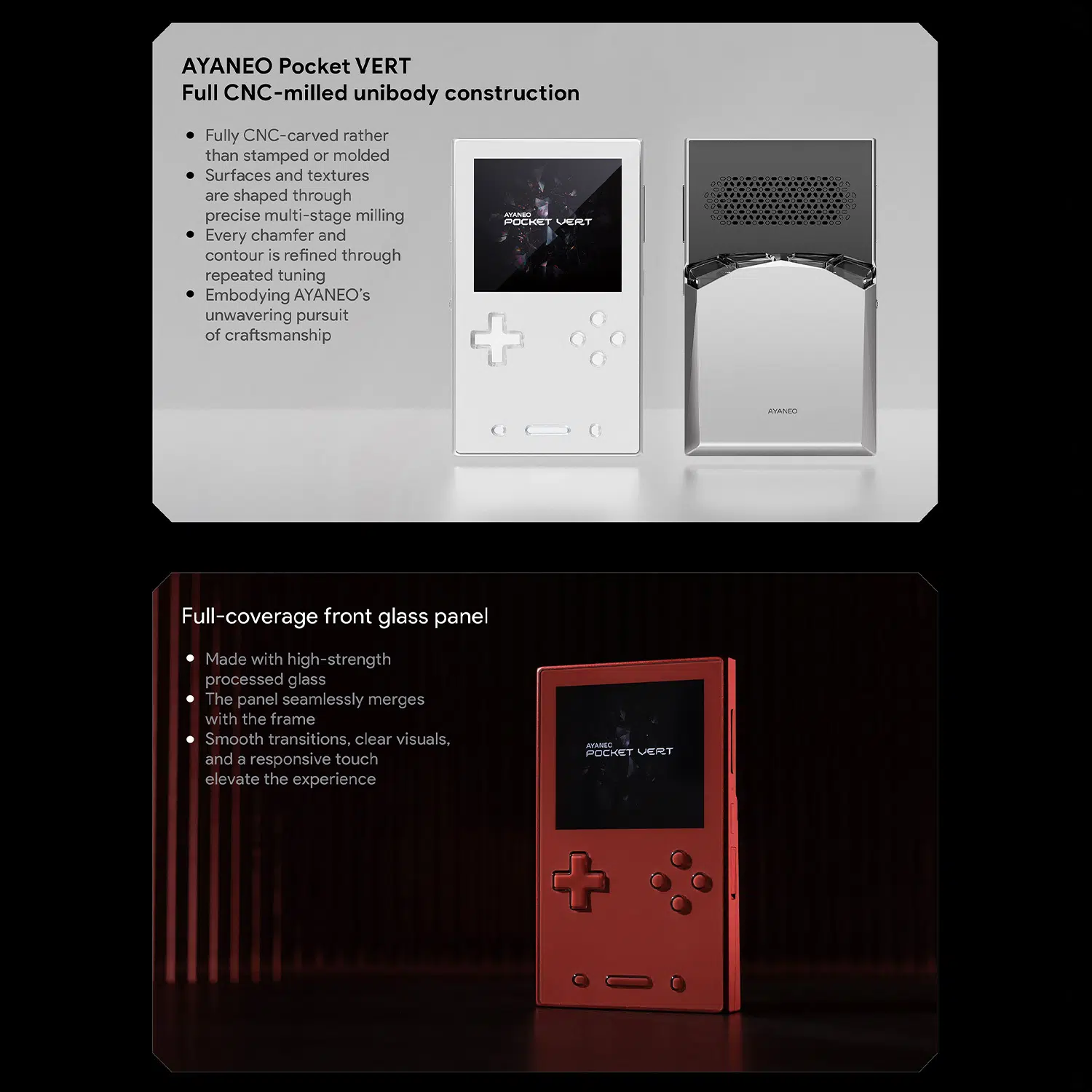 Product diagrams explaining the AYANEO Pocket VERT build quality, featuring the full CNC-milled unibody construction and the seamless, high-strength front glass panel that merges with the frame.