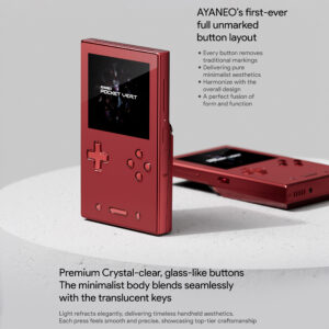 Close-up of the Lava Red AYANEO Pocket VERT showcasing the premium crystal-clear unmarked button layout and translucent glass-like keys for a minimalist aesthetic.