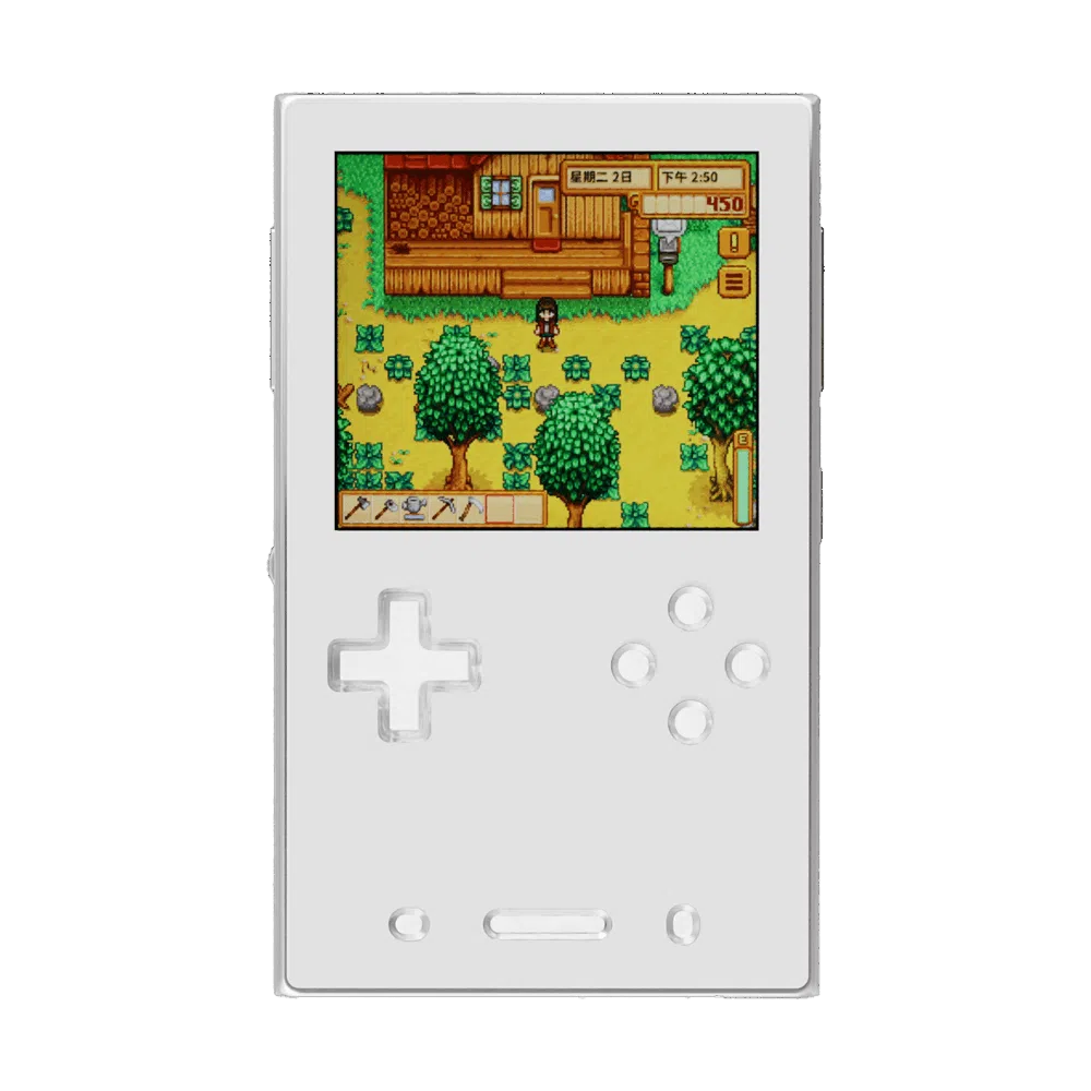 A front-facing view of the AYANEO Pocket DMG in a clean white/silver finish. The screen displays a colorful farming simulation game. The D-pad and action buttons are white with a translucent quality, matching the minimalist aesthetic of the console.
