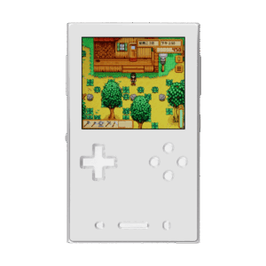 A front-facing view of the AYANEO Pocket DMG in a clean white/silver finish. The screen displays a colorful farming simulation game. The D-pad and action buttons are white with a translucent quality, matching the minimalist aesthetic of the console.