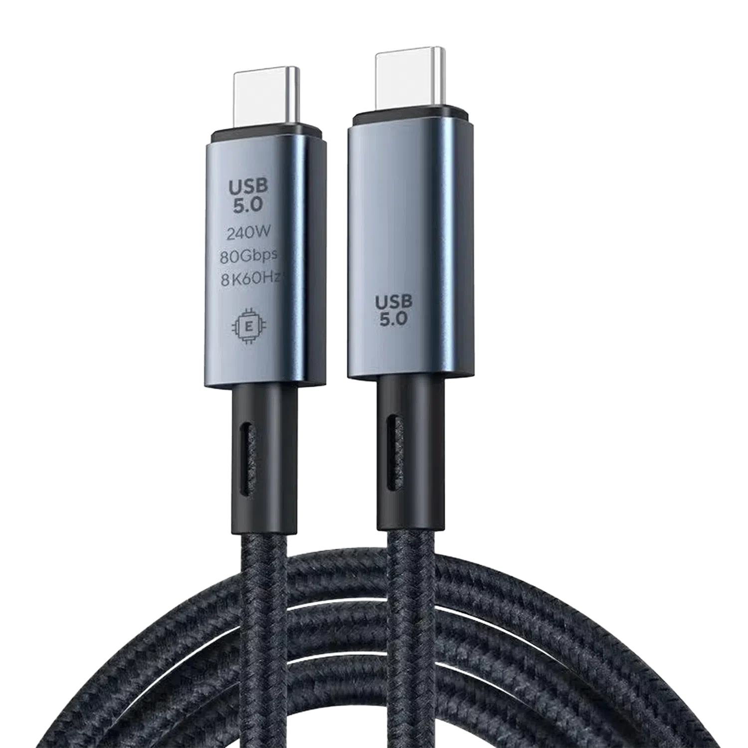 Focus: Connector Close-up Visual: A clean, vertical shot of the two USB-C heads against a black background. Key Info: One head is engraved with the E-marker chip icon and the four main specs (240W, 80Gbps, 8K60Hz).