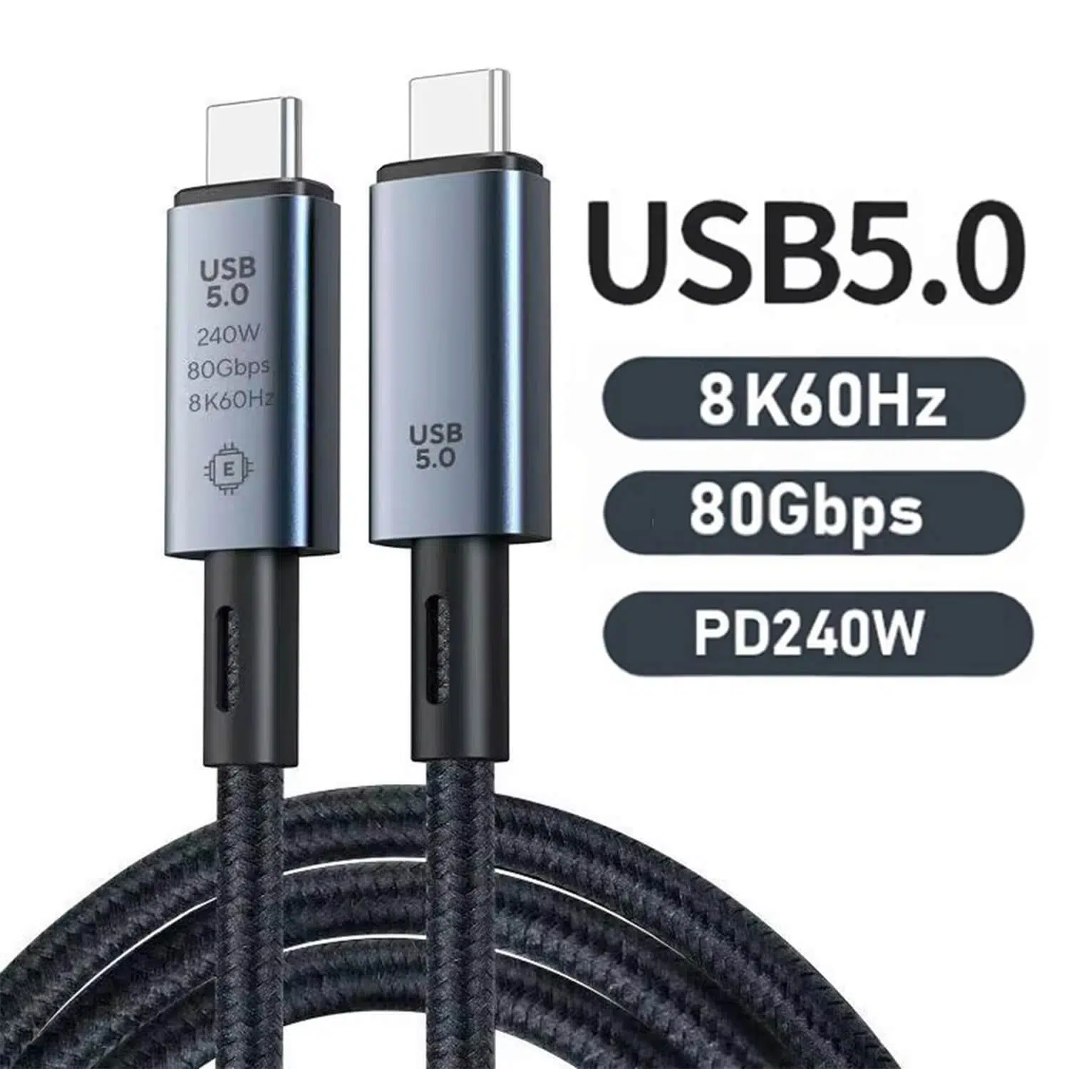 Focus: Feature Summary (Hero Image) Visual: Similar to Image 01, but with large text "pills" on the right side. Key Info: Big, bold labels for USB 5.0, 8K60Hz, 80Gbps, and PD240W.